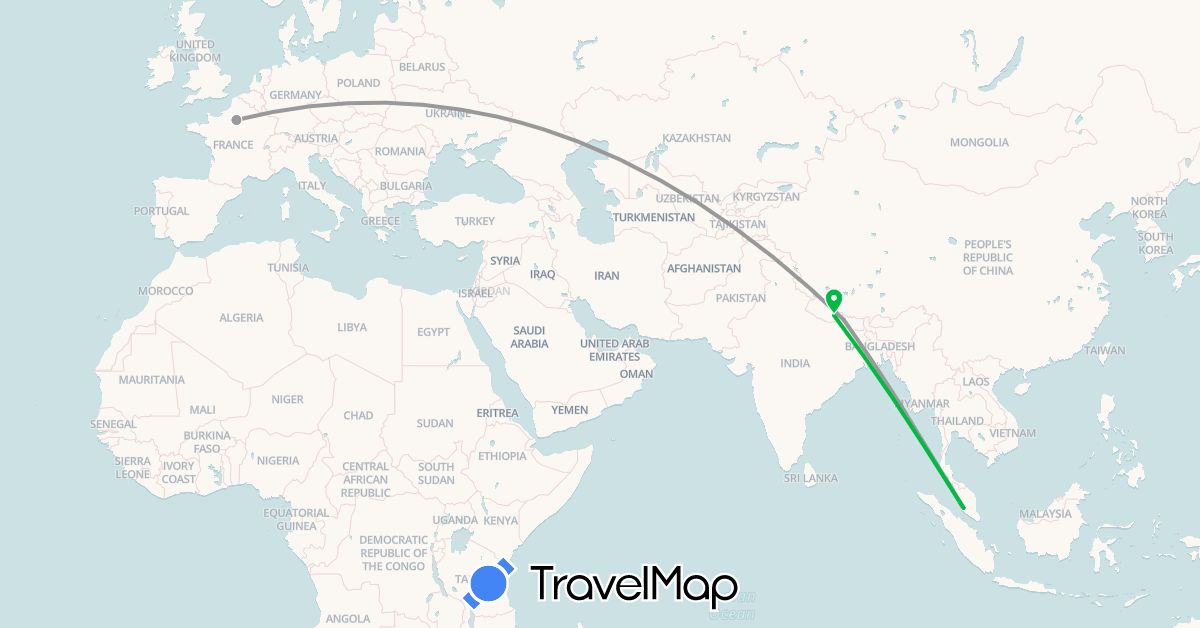 TravelMap itinerary: driving, bus, plane in France, Nepal (Asia, Europe)